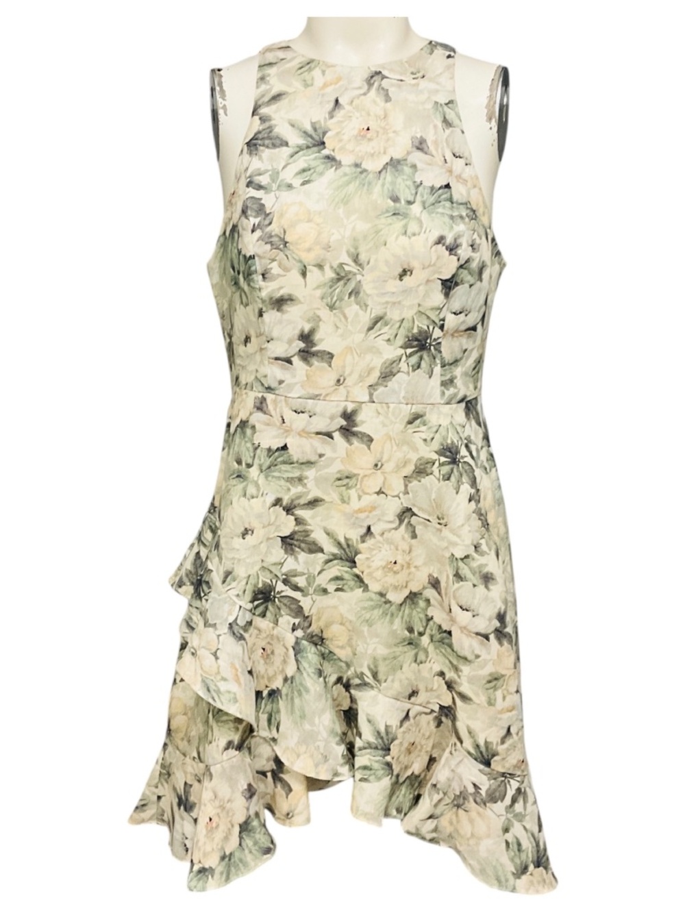 ZIMMERMANN BEIGE / GREEN MULTI FLORAL PRINTED SLEEVELESS LINEN DRESS